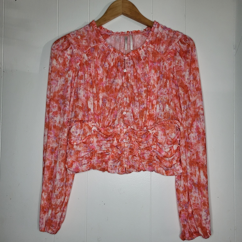 Anthropologie Pink and Orange Ruched Button-Front Blouse